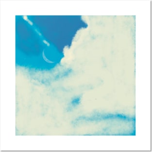 Blue Sky with clouds and moon digital art Posters and Art